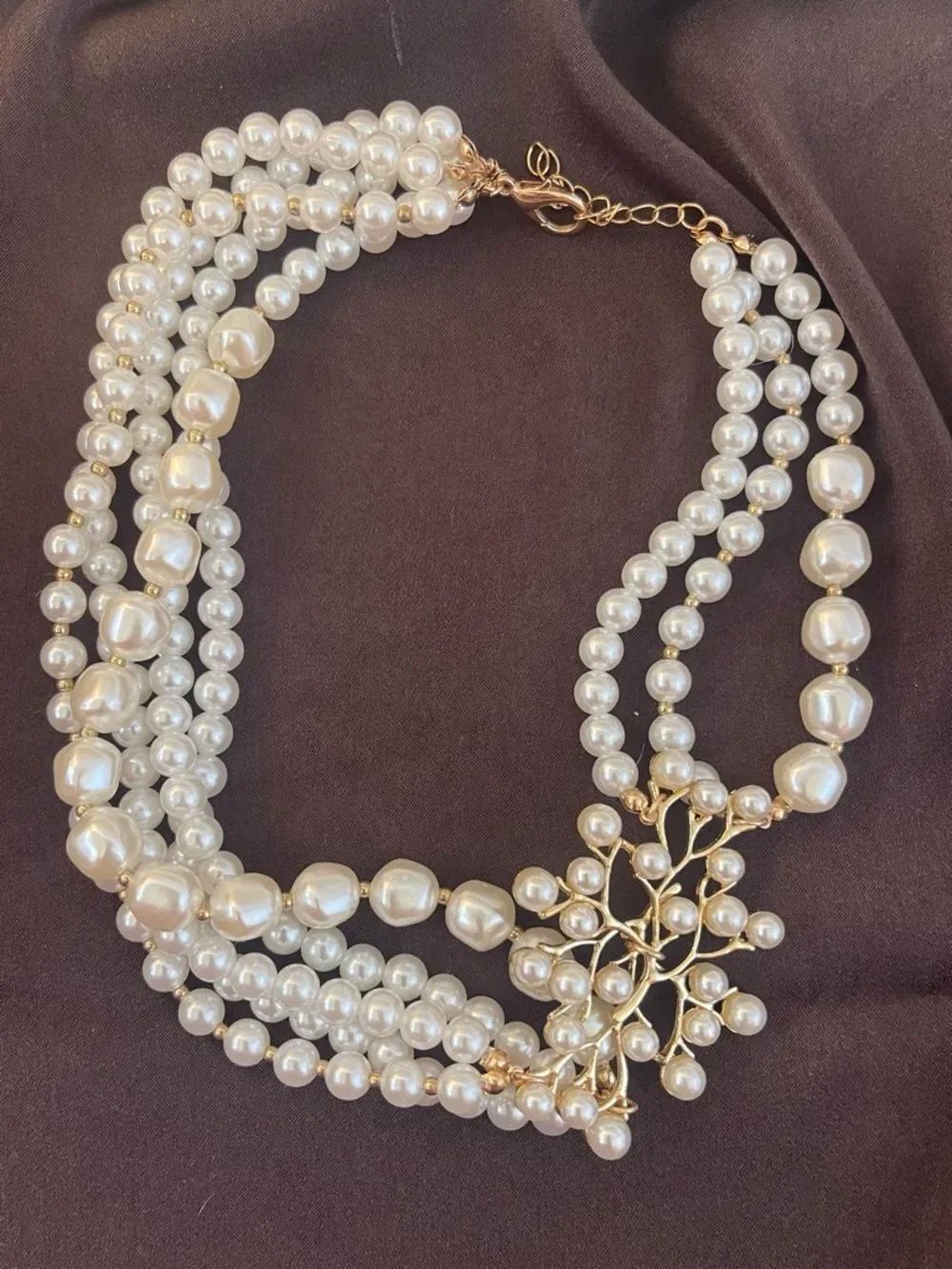 Elegant Pearl Multi-Strand Necklace with Gold Floral Accent